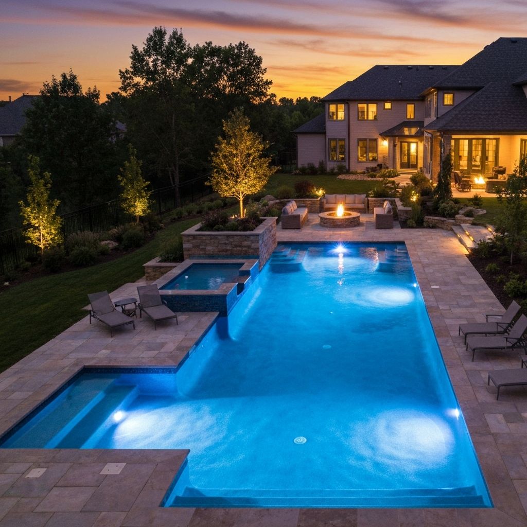 Stunning completed ICF pool at twilight with underwater lighting, premium stone decking, and beautifully landscaped backyard