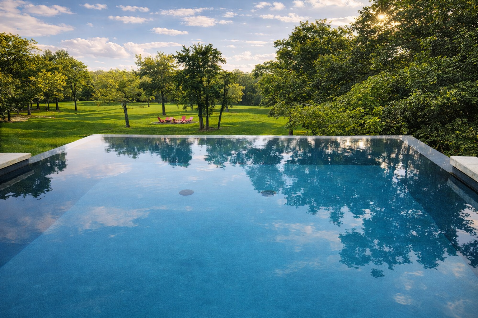 EcoFinish pool coating on infinity pool reflecting clouds with lush green lawn backdrop
