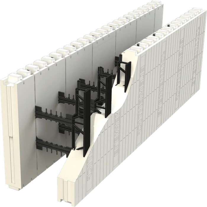 3D cutaway render of a Logix Element ICF block showing foam panels and internal bracing cassettes