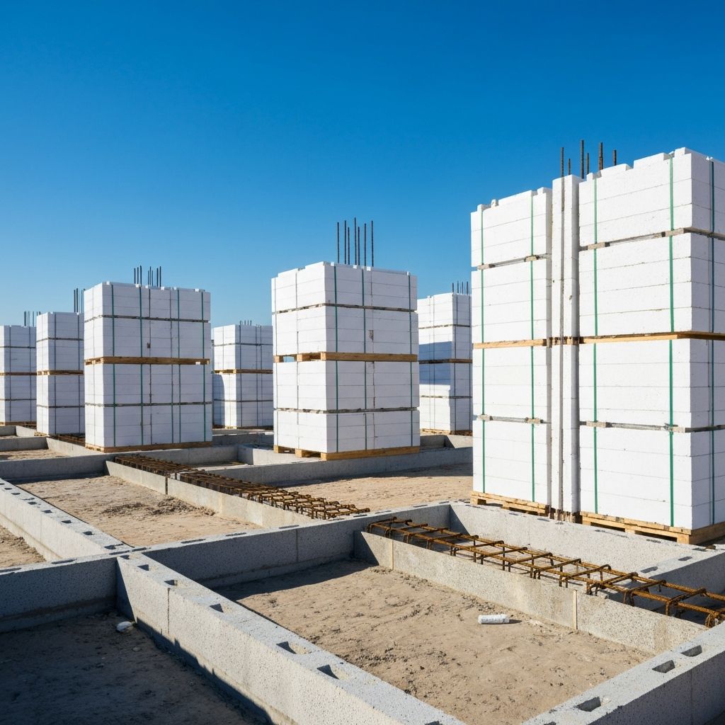 Pallets of Element ICF blocks stacked and ready for shipment on a job site