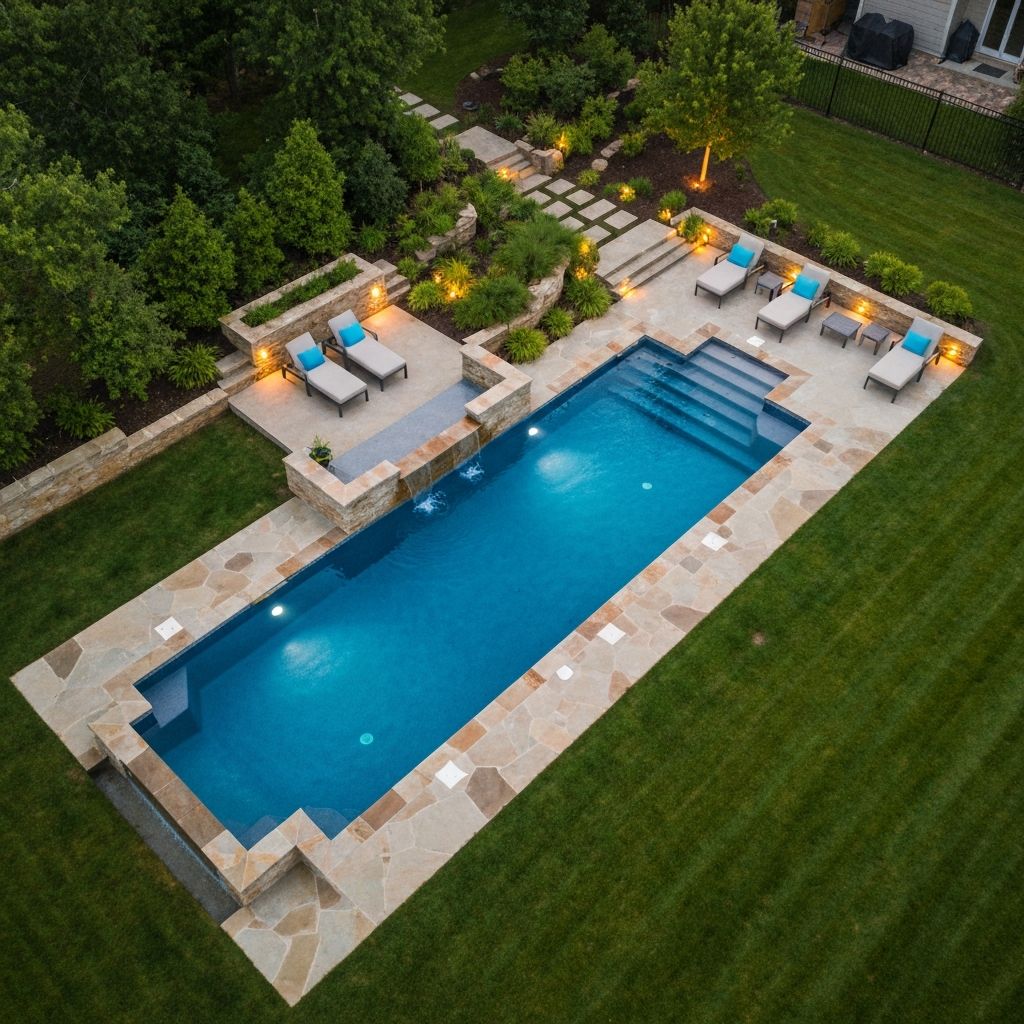 Aerial view of a completed ICF pool with crystal clear blue water and stone decking in a beautiful backyard