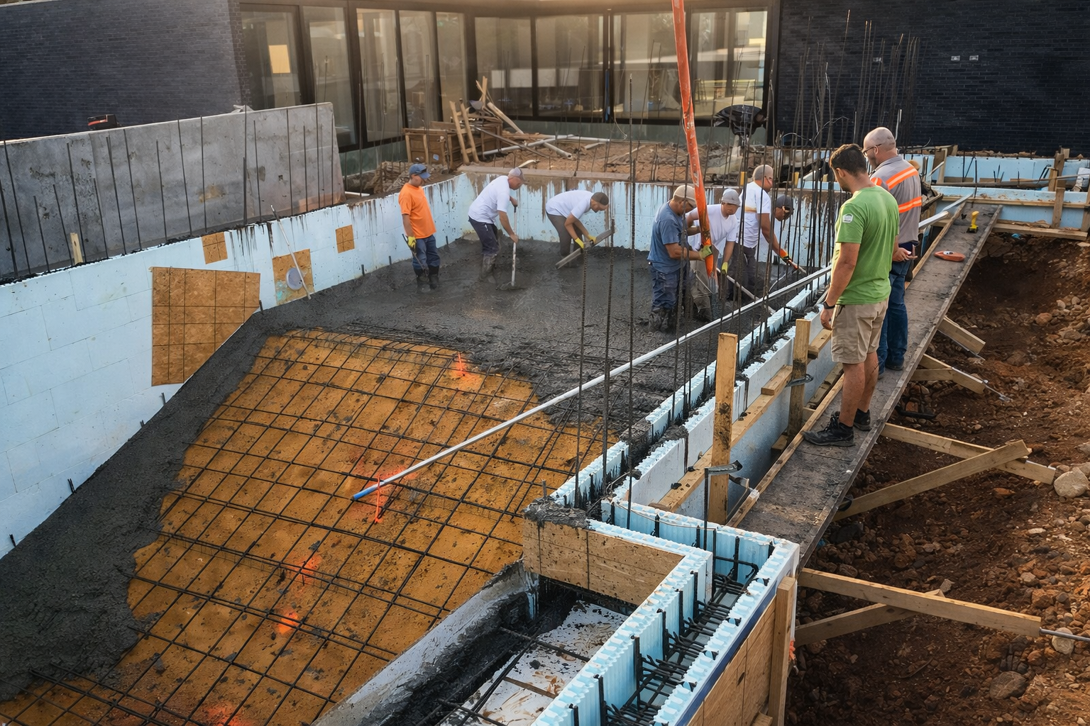 Full crew pouring concrete into an ICF pool structure with rebar grid visible — build day in action