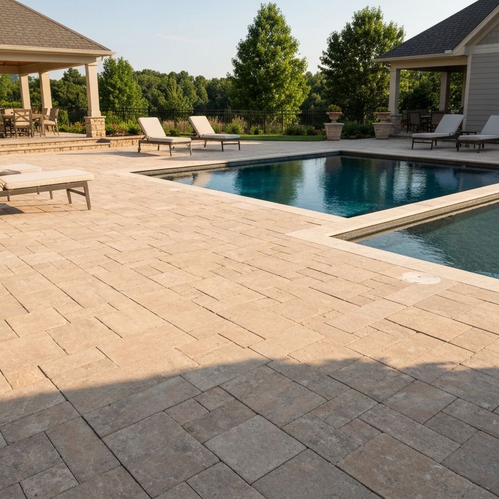 Natural stone paver pool deck surrounding a luxury inground pool