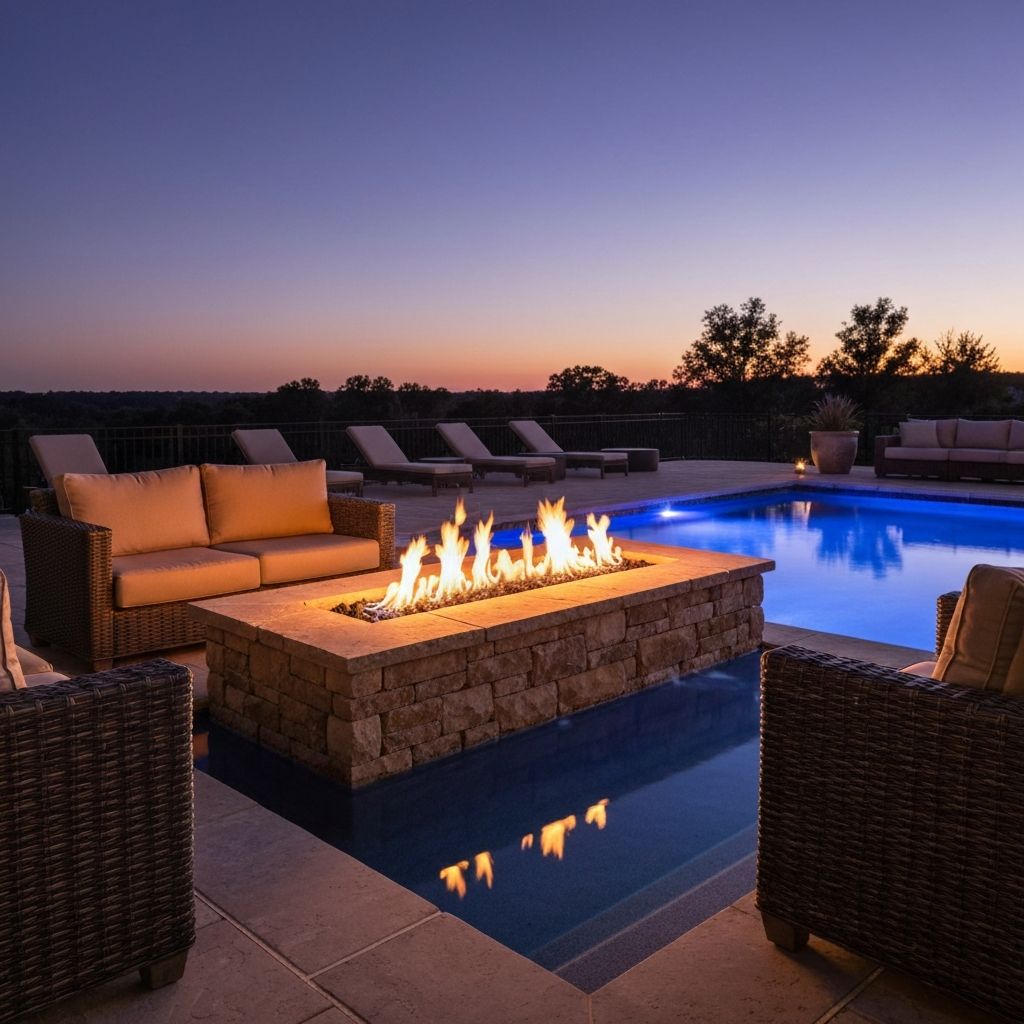 Fire pit feature next to a luxury pool at dusk with dancing flames reflecting on water