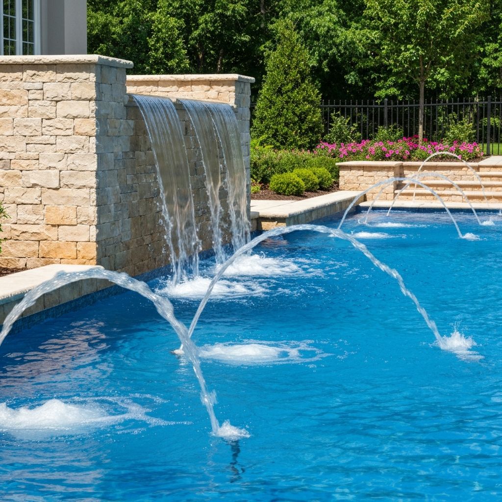 Cascading waterfall and deck jets on a luxury swimming pool