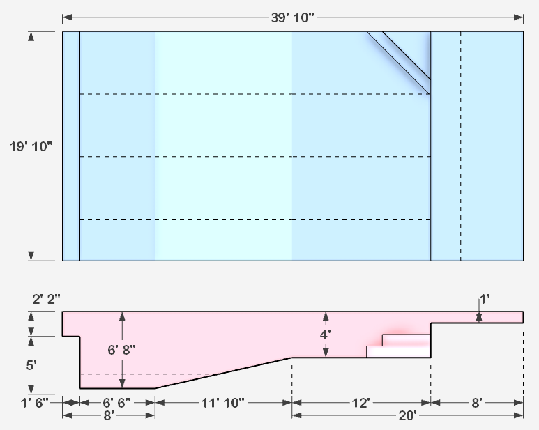 Standard Kit engineering layout showing pool dimensions with top-down view and cross-section including depth measurements, bench, and step details