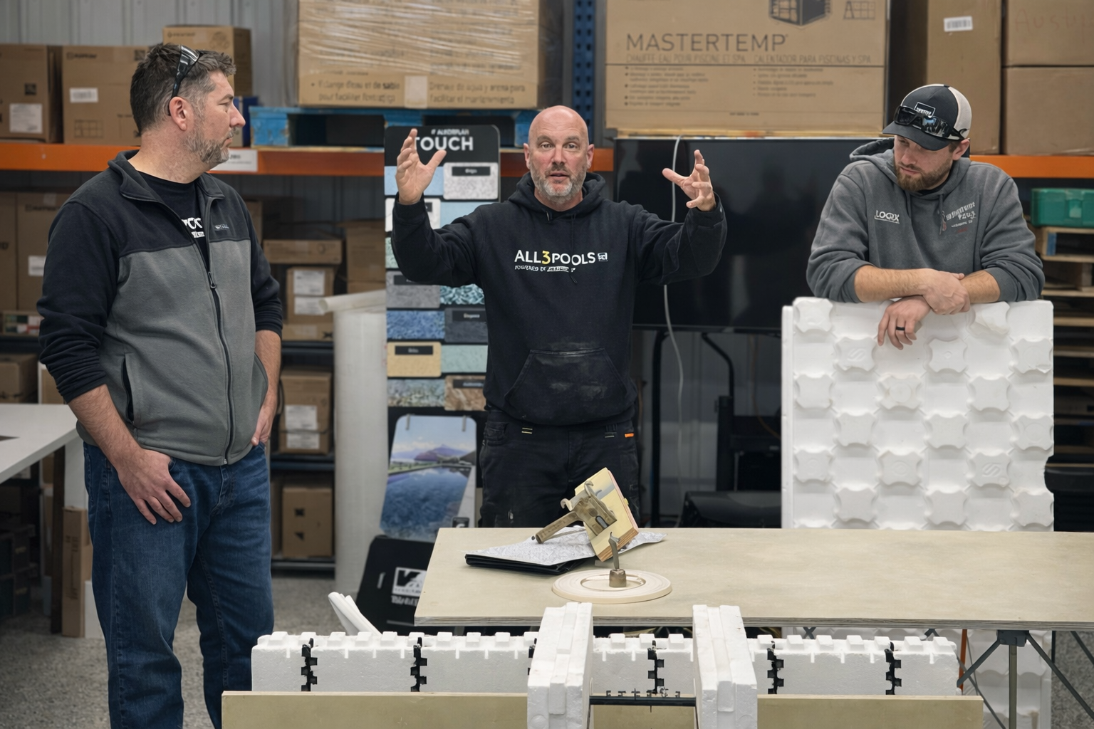 Aaron King teaching ICF pool construction methods with ICF blocks in the Springfield warehouse